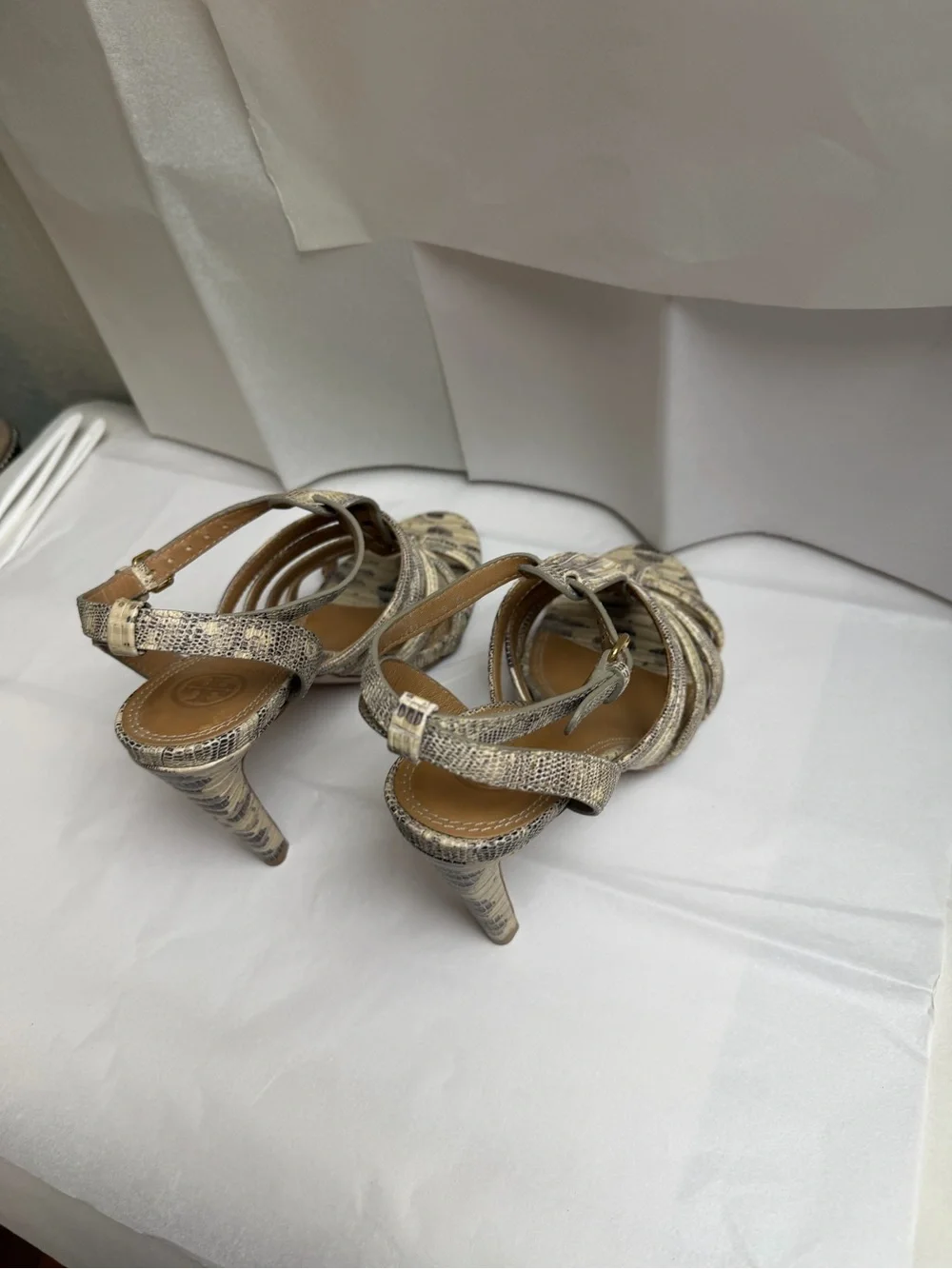 Tory Burch Neutral Snake-Print Strappy Heels